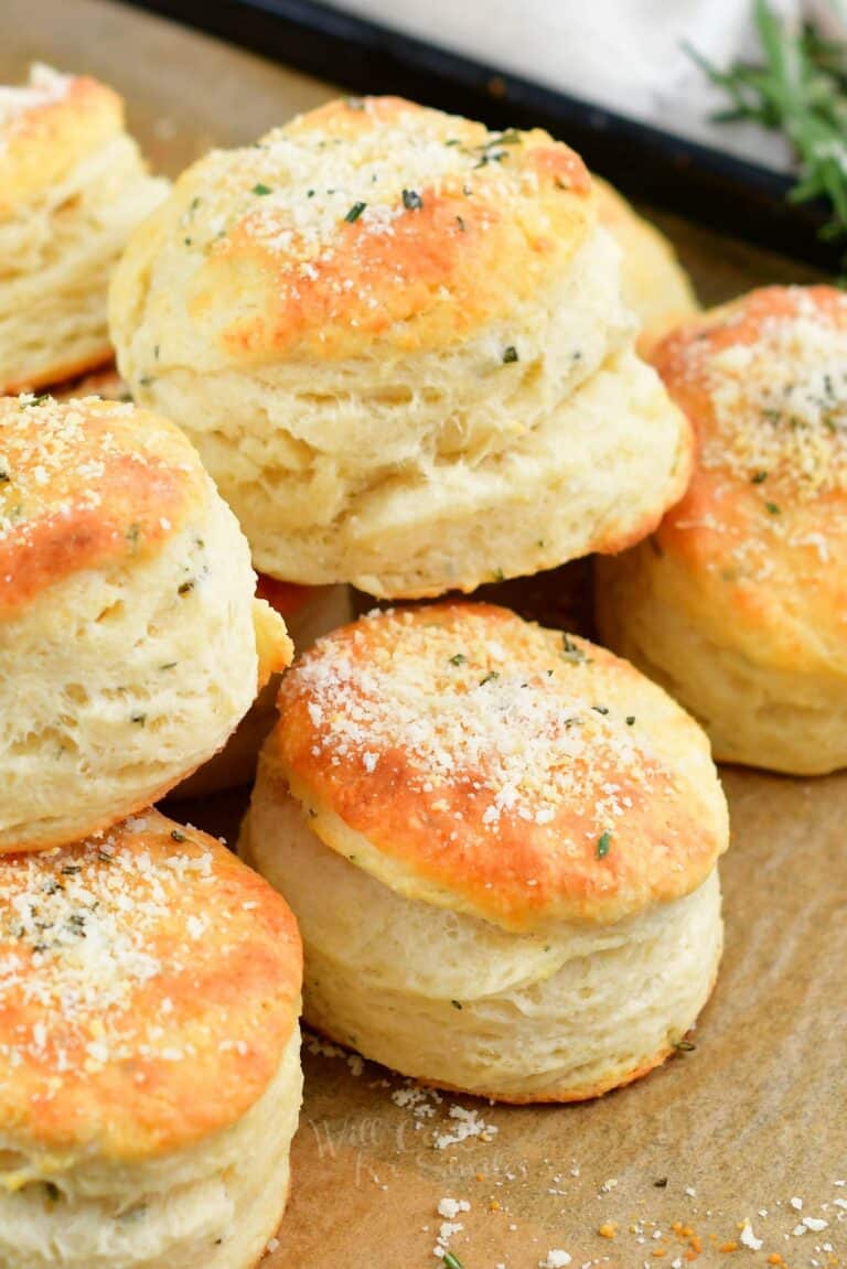 closeup of stacked herb biscuits with parmesan