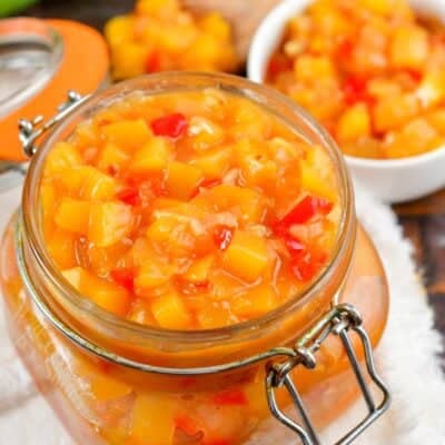 top view of mango chutney in a glass jar