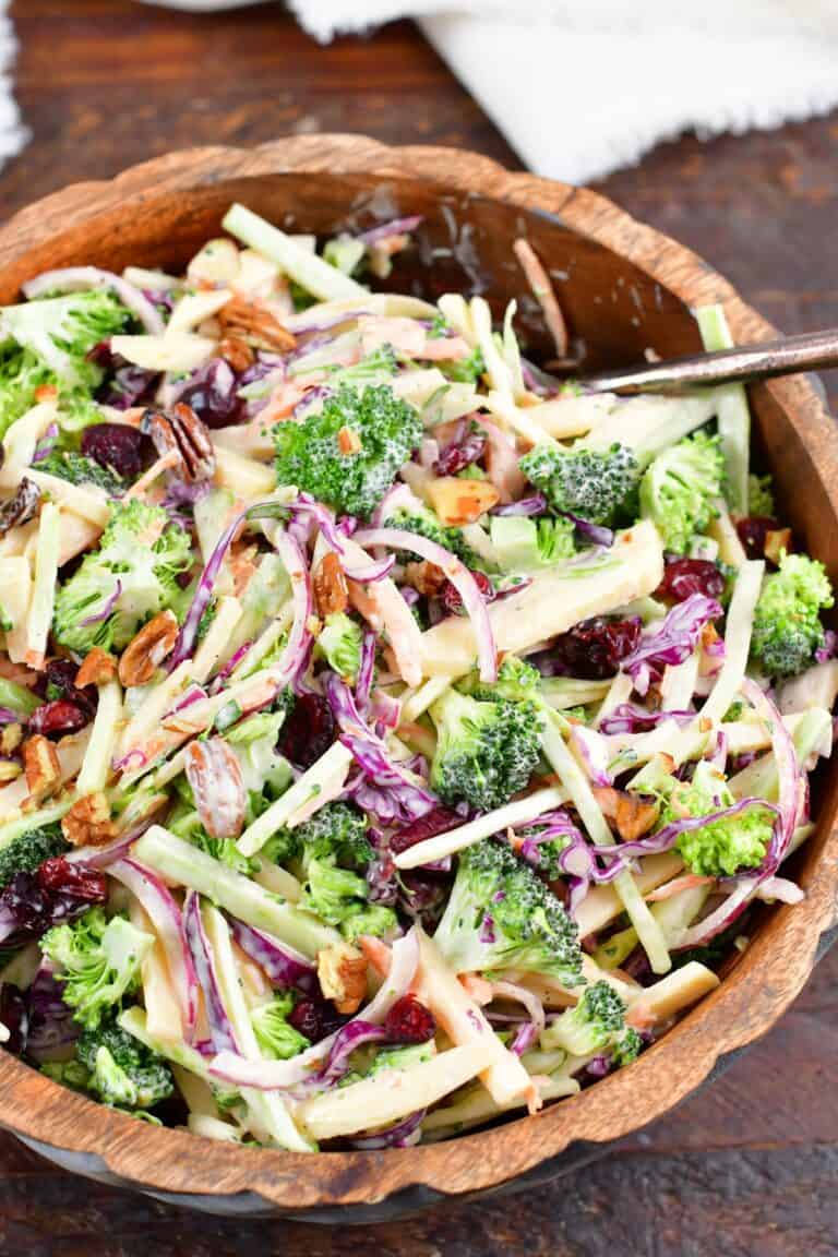 top view of broccoli slaw in the wooden bowl