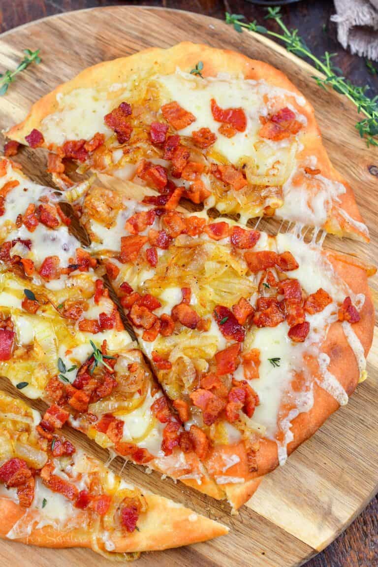 top view of sliced flatbread on the wood board