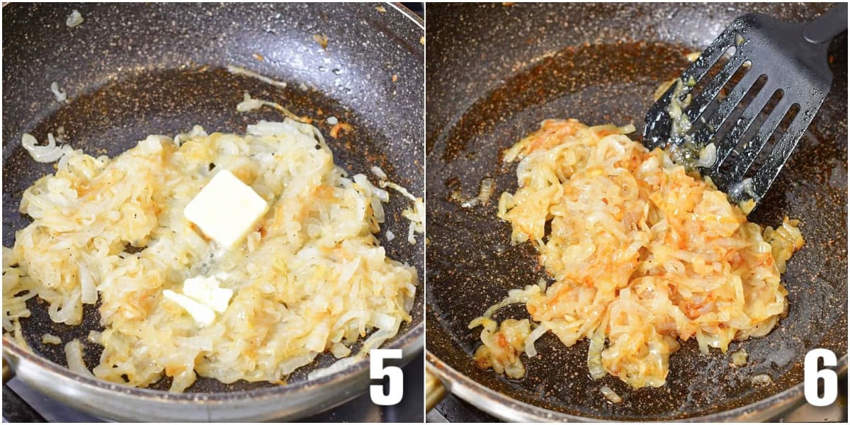collage of two images of adding butter to caramelized onions then after deglazing.