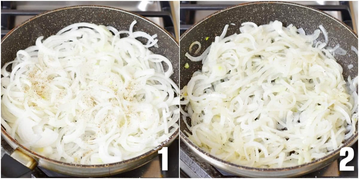 collage of two images of starting to cook caramelized onions in the large pan.