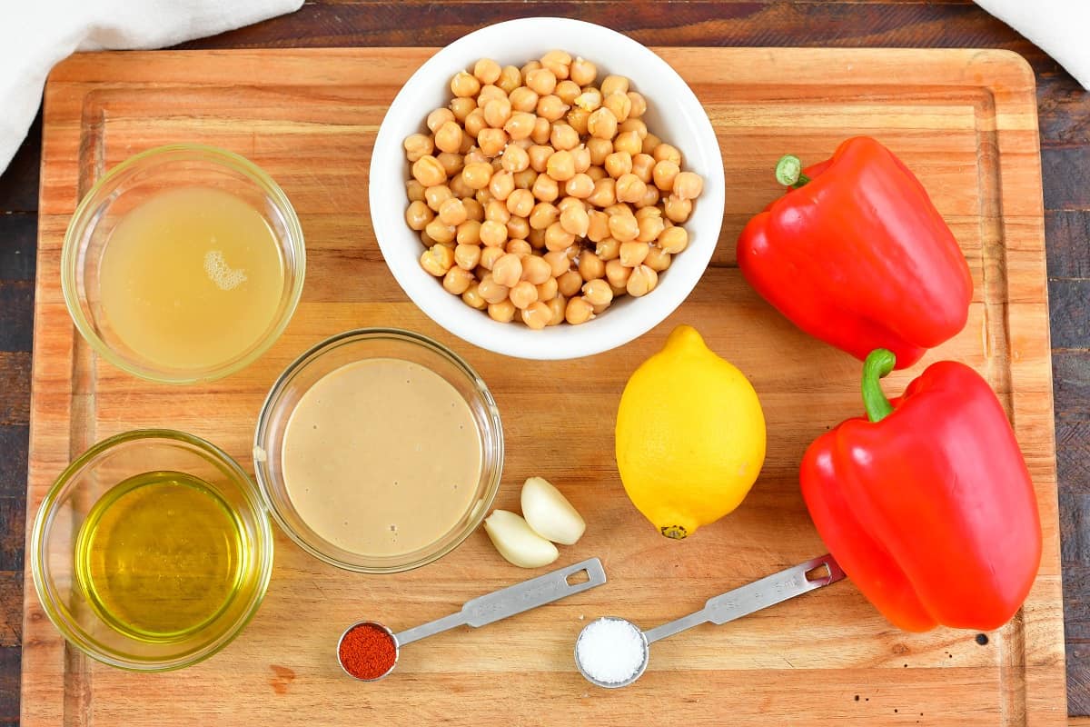 ingredients for roasted pepper hummus on the board