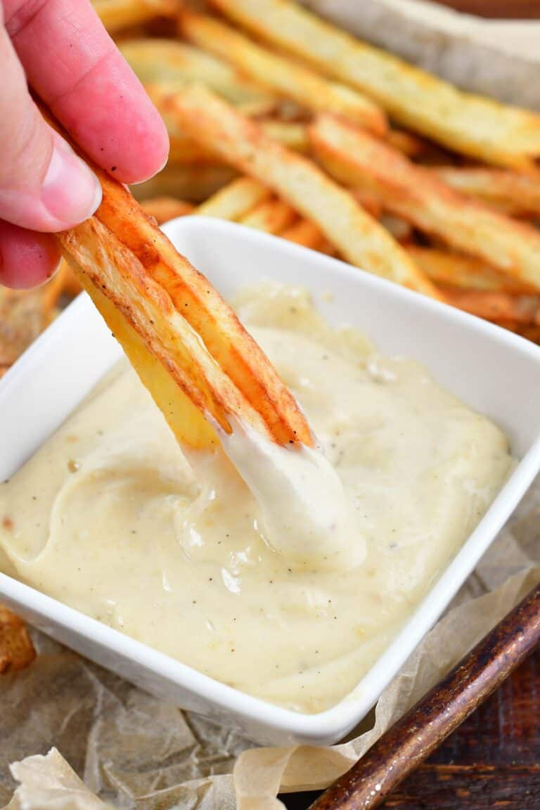 dipping fried into roasted garlic aioli