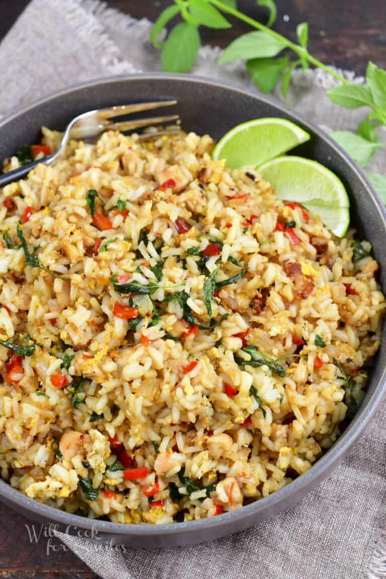 closer top view of Thai basil fried rice in a grey bowl