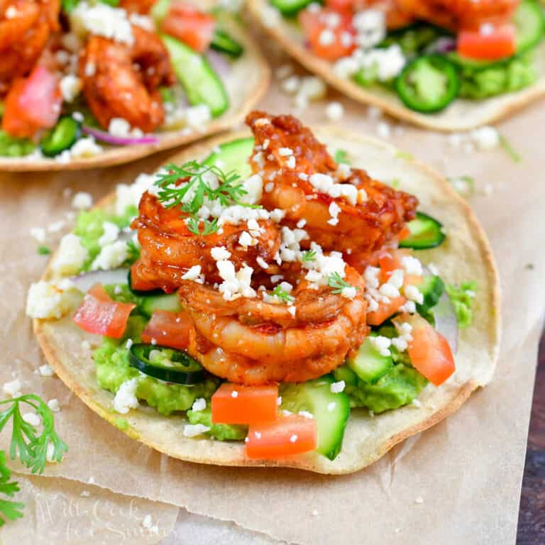 squared centered image of a closeup shrimp tostada