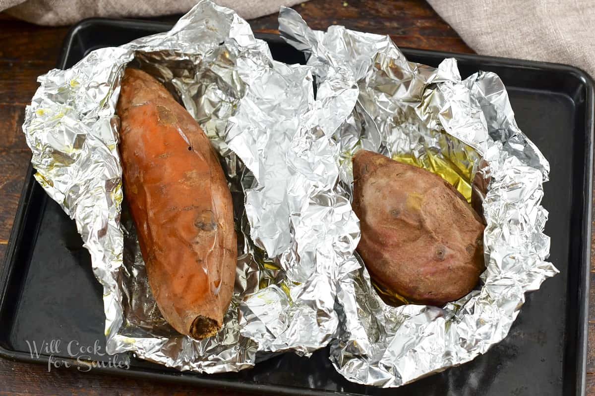 two large baked sweet potatoes baked in foil