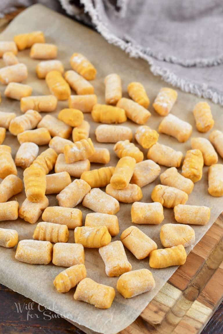 closeup gnocchi spread on the cutting board