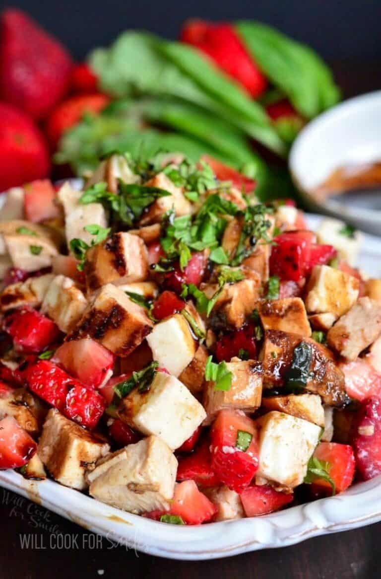 chicken salad made with cubed chicken, mozzarella, strawberries and balsamic.