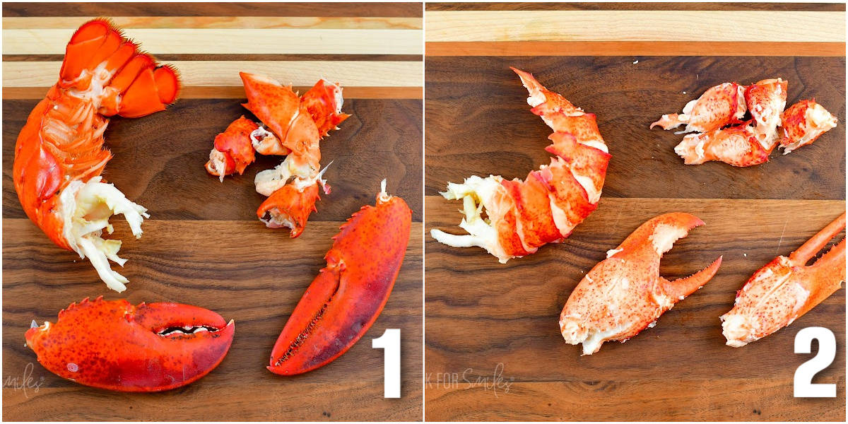 collage of two images of lobster taken apart and lobster meat out of shell.