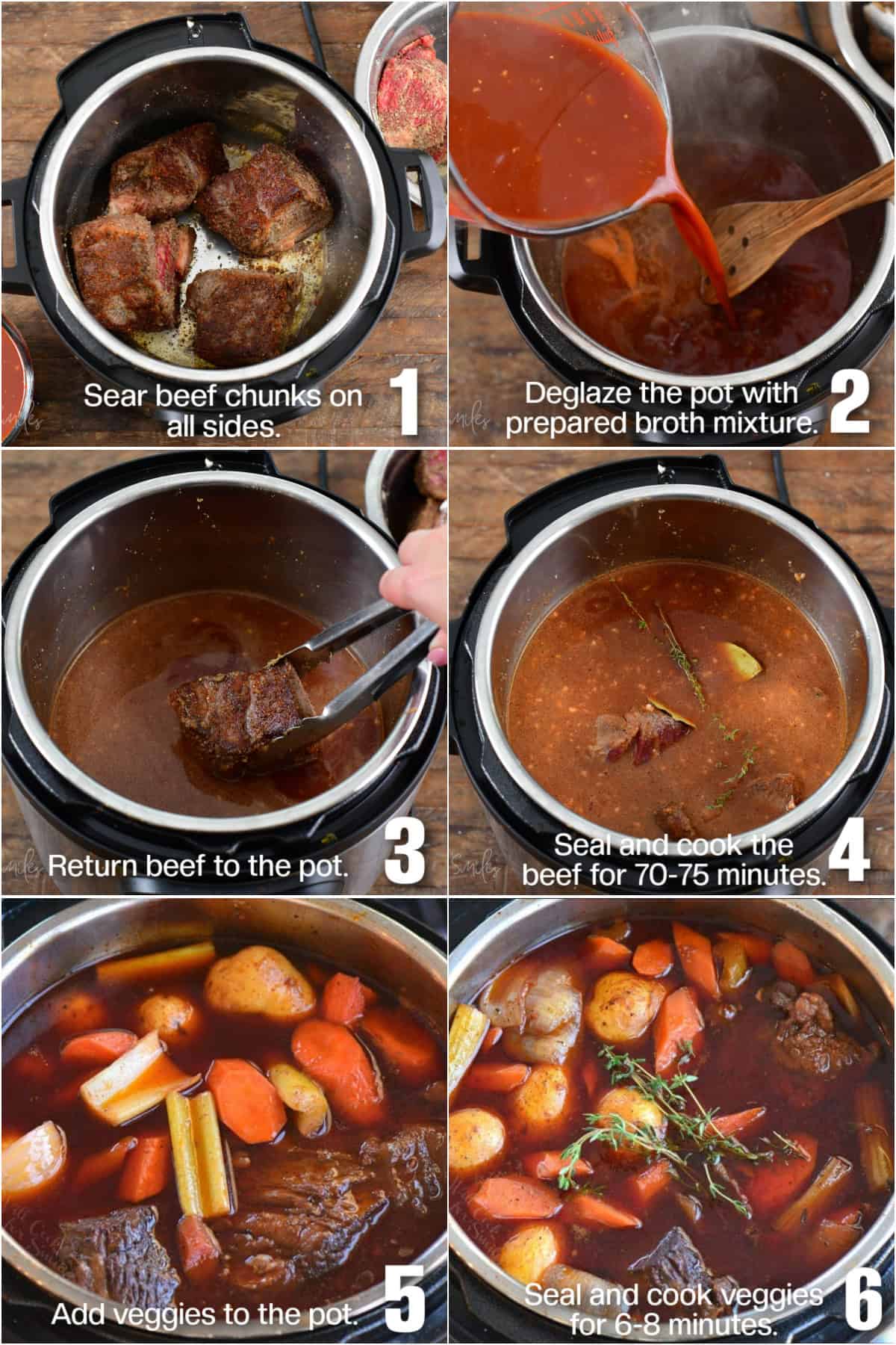 collage of six images of cooking pot roast in instant pot with steps typed in.