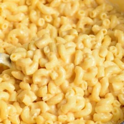 creamy macaroni with cheese sauce in the white Dutch oven.