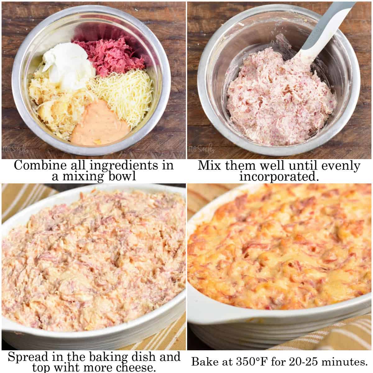 cooking steps infographic of four images to prepare Reuben dip.