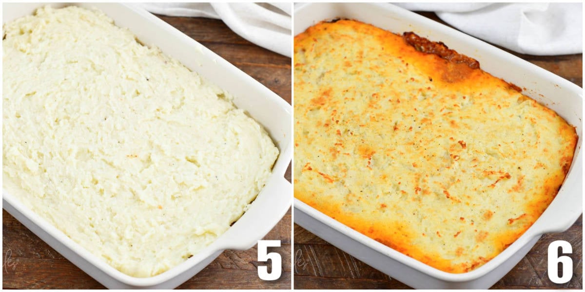 collage of two images of shepherd's pie in casserole dish before and after cooking.