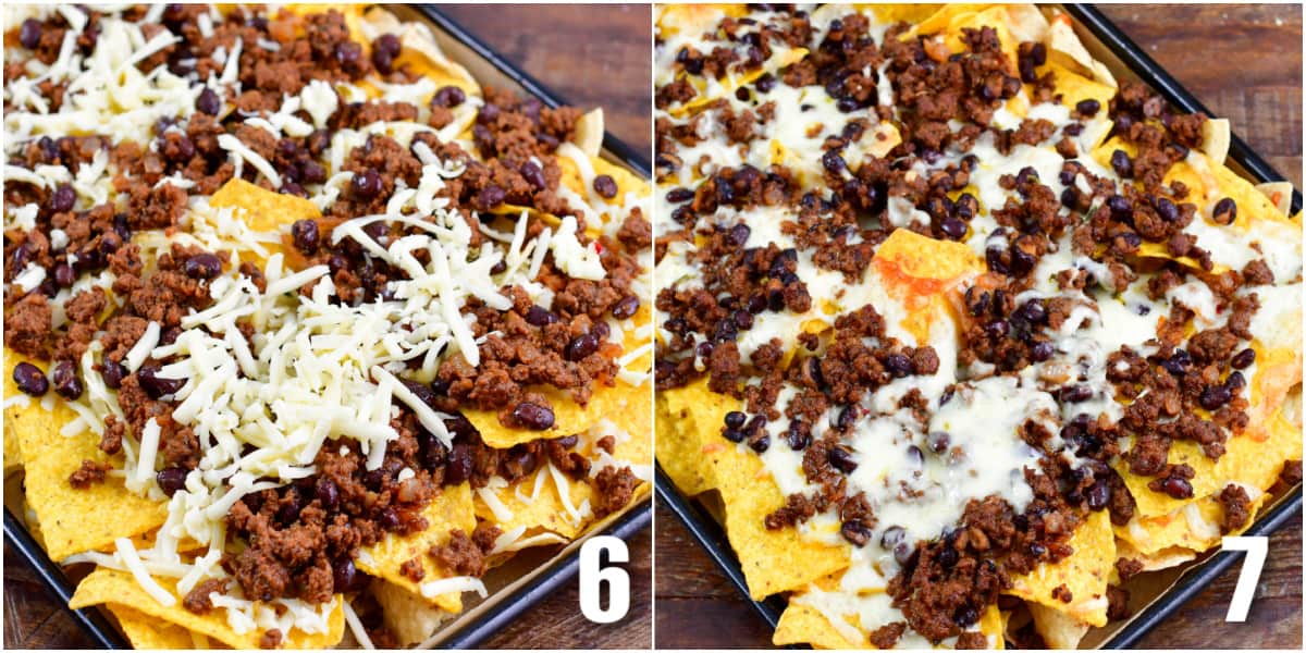 Collage of two images of beef nachos before and after baking.