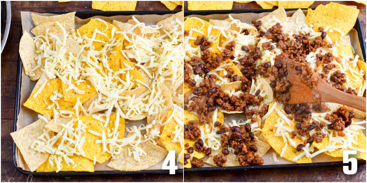 Collage of two images adding cheese to chips and adding beef mixture to the chips.