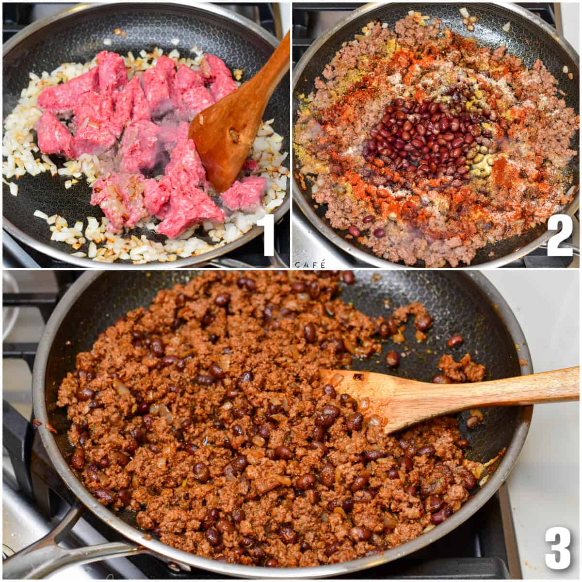 Collage of three images cooking beef, and cooking beans, and stirring it up in a pan with a wooden spoon.