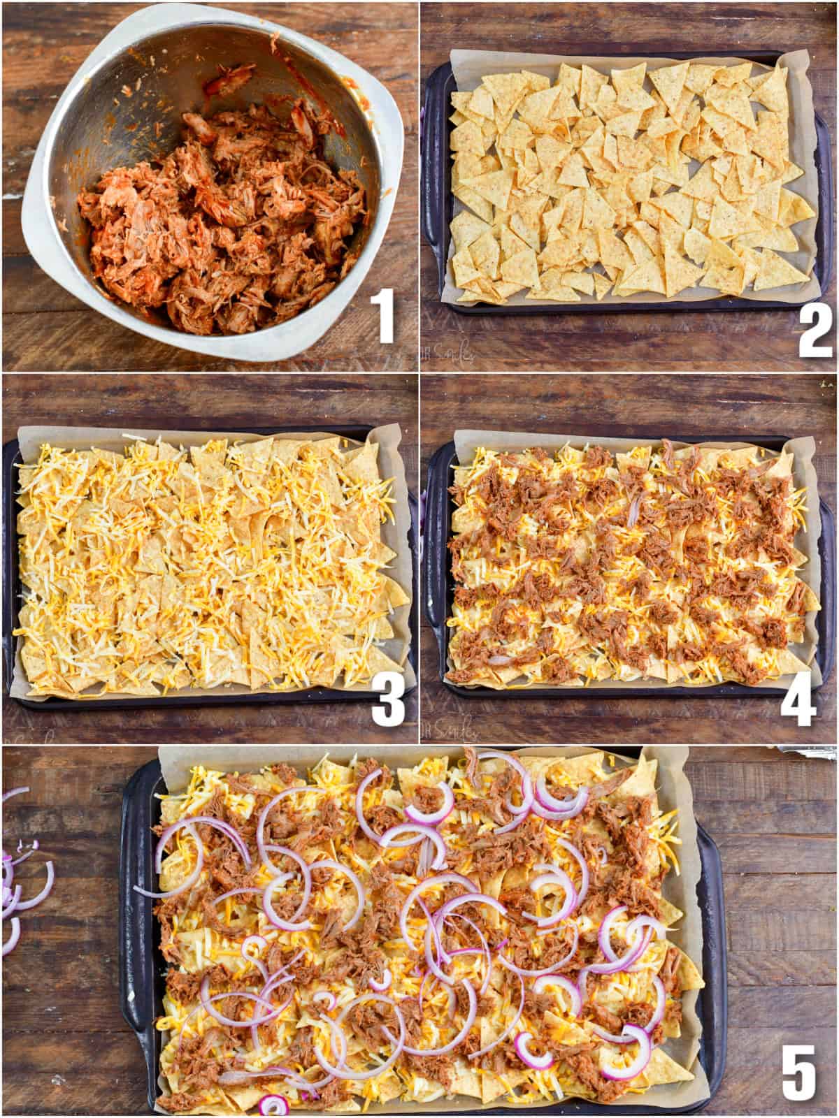 Collage of five photos of assembling the pork nachos onto a baking dish.