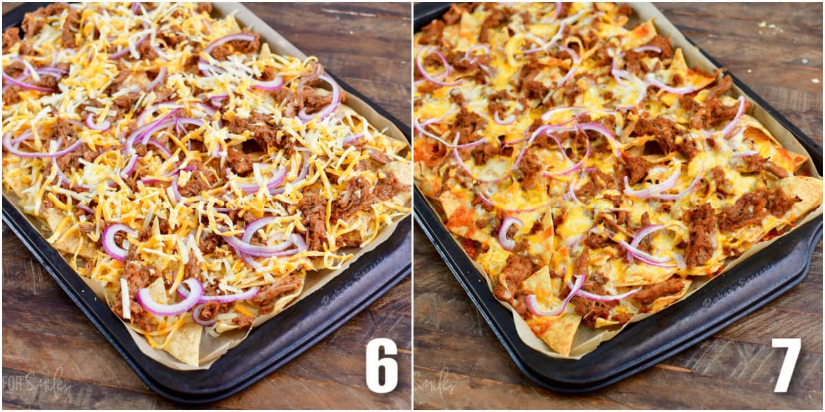 Collage of two images of pulled pork nachos before and after baking on a wood surface.