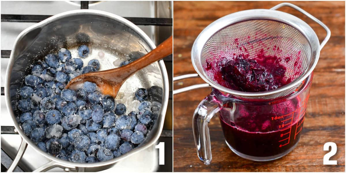 Collage of two images of cooking blueberries and sugar in a pan and then straining the cooked blueberries into a measuring cup.