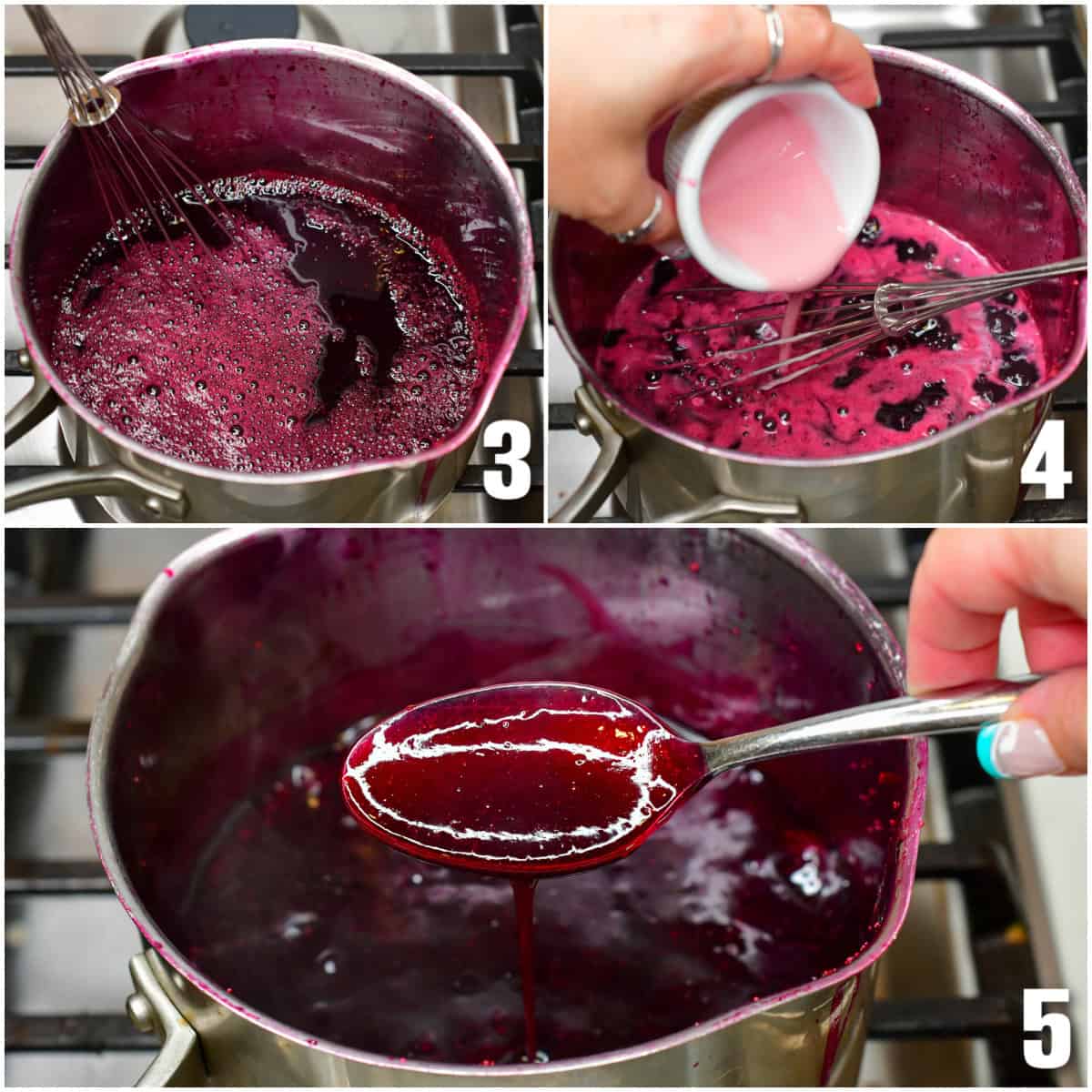 collage of three images of cooking blueberries and sugar in a pan and whisking it together till thickened.