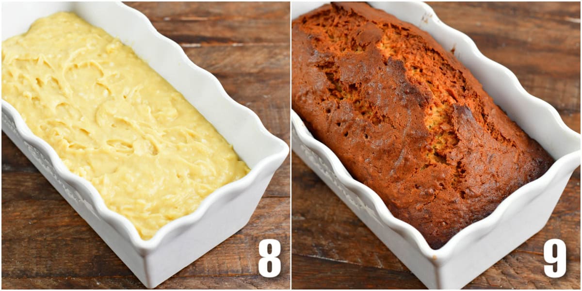photo of two images of before and after baking coconut banana bread.