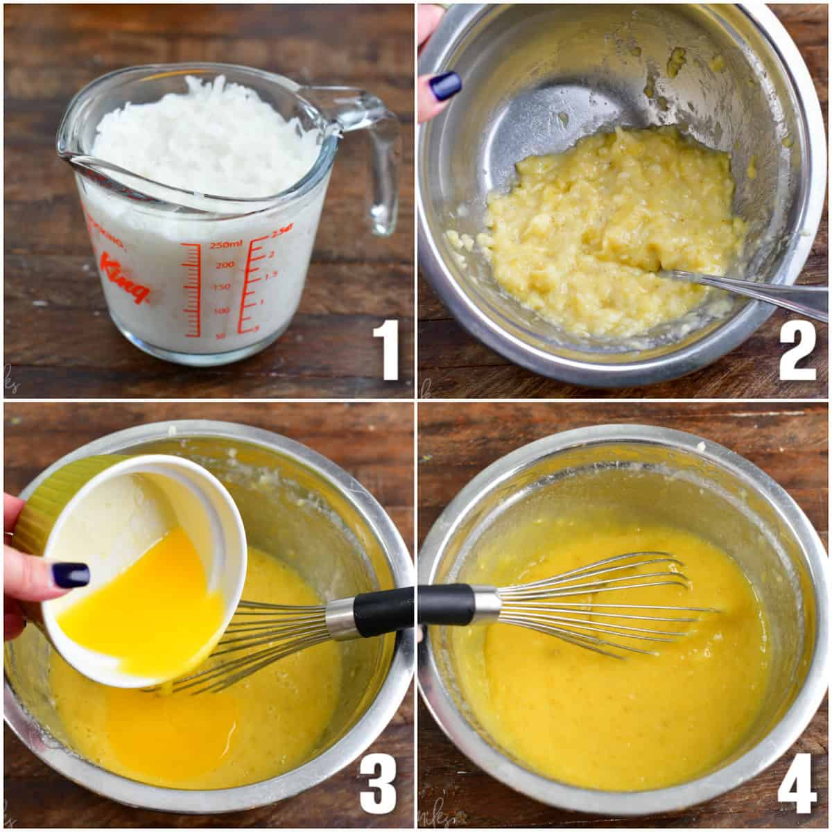 Collage of four images of soaking coconut, mashing banana, pouring butter into into banana and mixing it up.