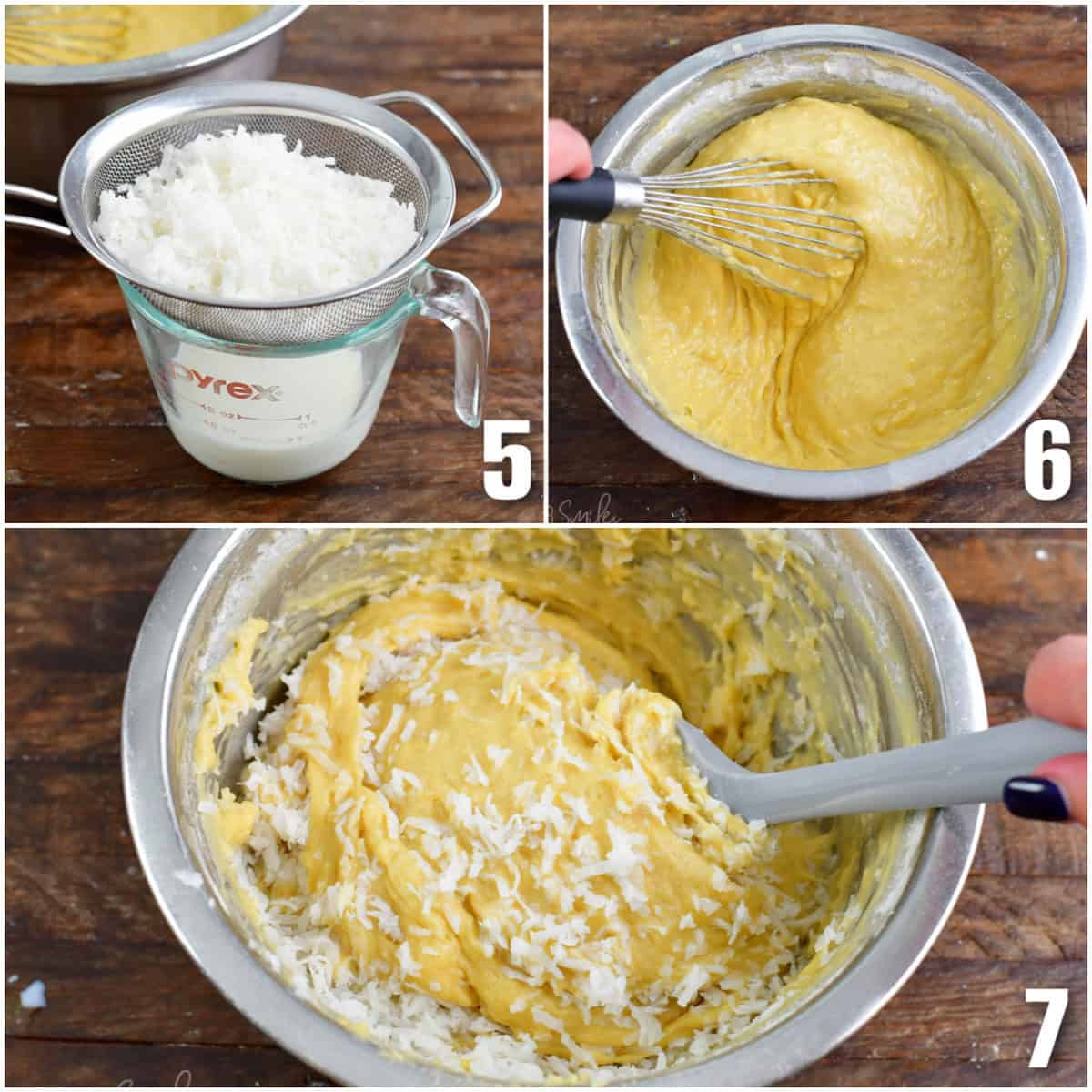 Collage of three images of straining coconut, and mixing the coconut into the batter.