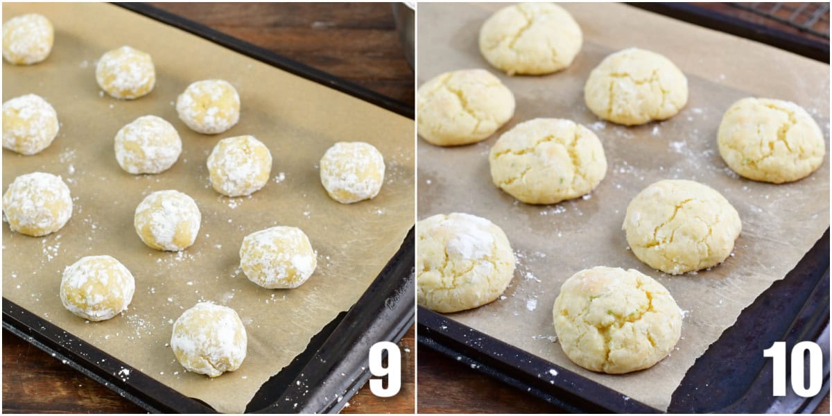 Collage of two images of coconut key lime cream cheese cookies before and after baking.