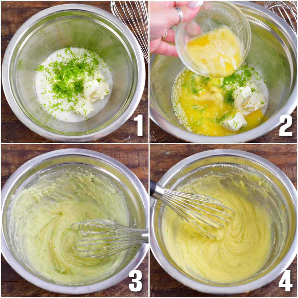 Collage of four images of coconut key lime cream cookies mixing the cookie dough ingredients together.