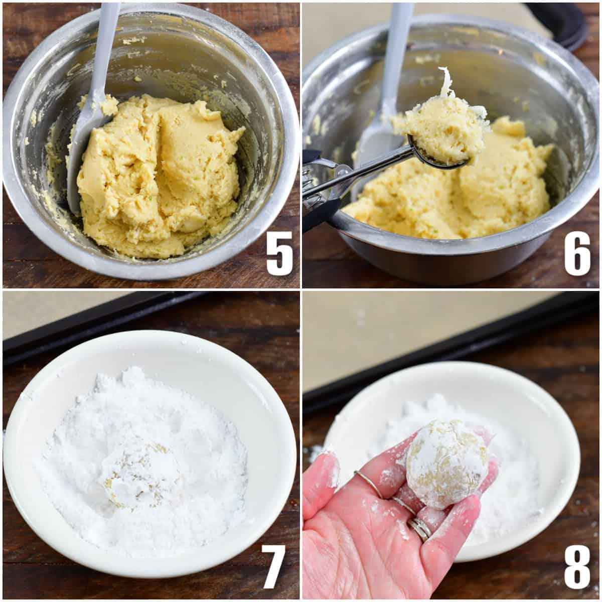 Collage of four images of cookie dough being scooped out of bowl, put in powdered sugar, and rolled into cookies.