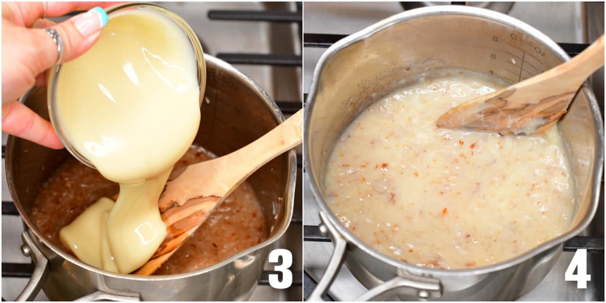 Collage of two images of adding condensed milk and stirring with a wooden spoon.