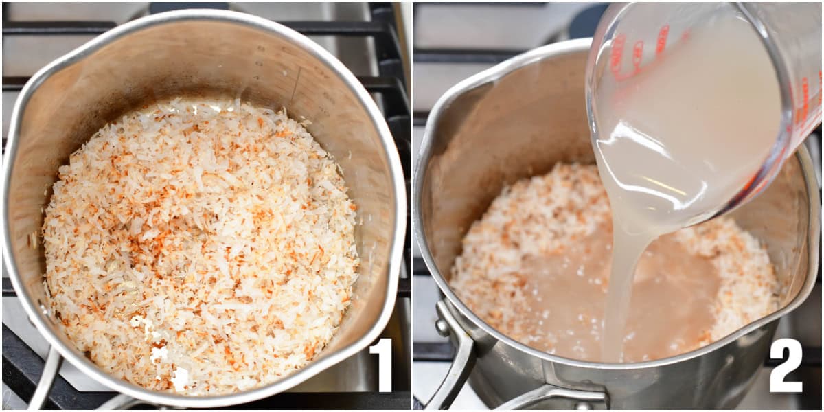 Collage of two images of toasting coconuts in a pan and adding cream of coconut to the pan.