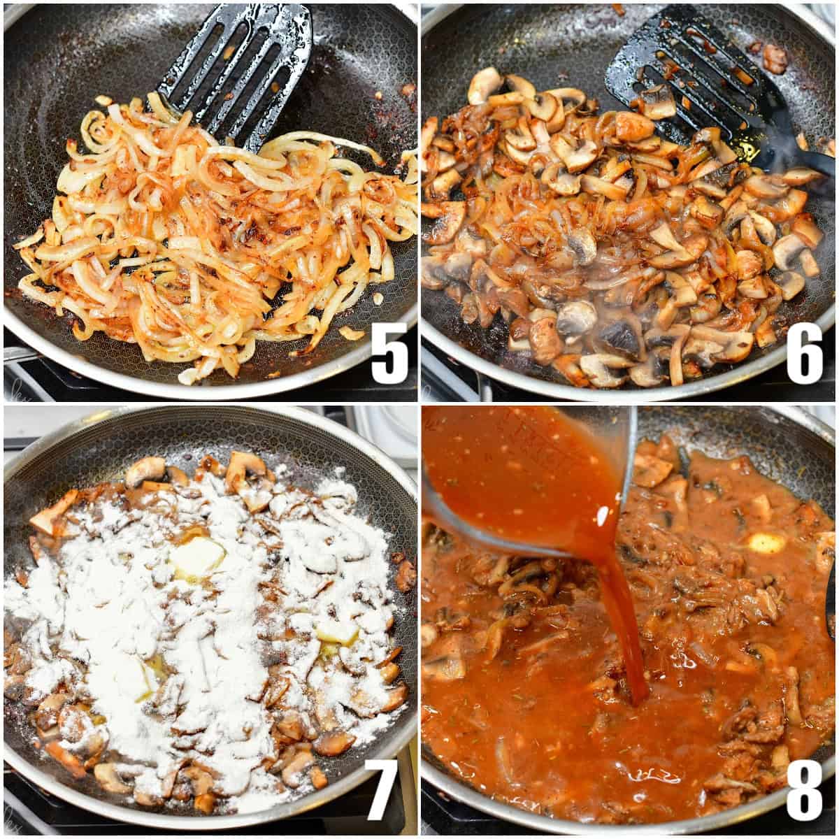 Collage of four images cooking onions and mushrooms in a pan and then adding flour and stock to make gravy.