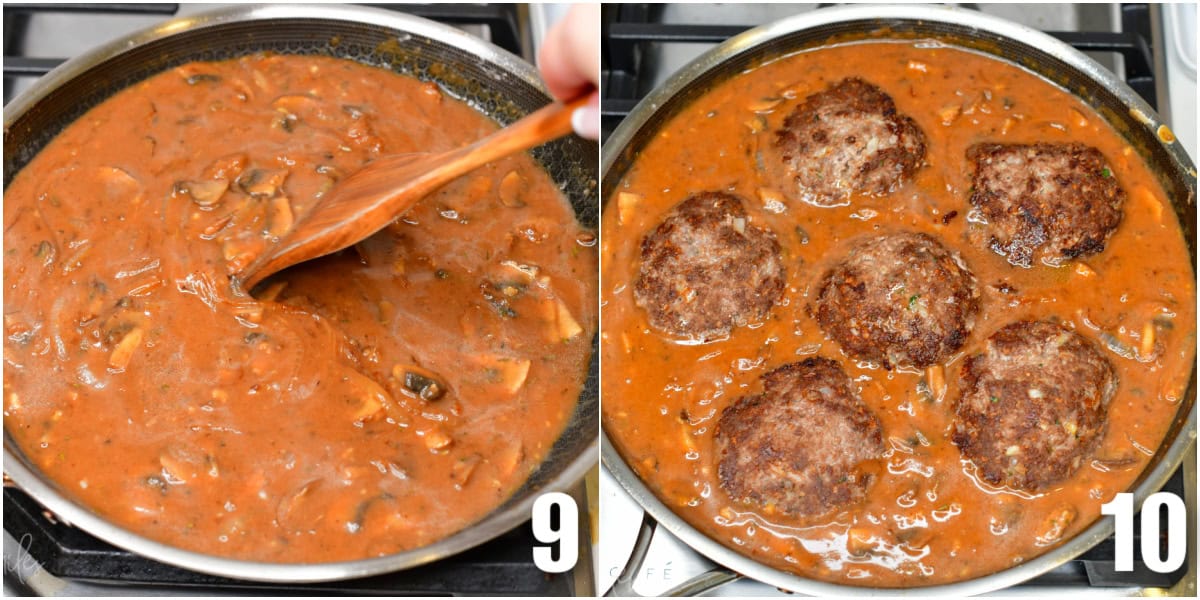 Collage of two images of Salisbury steaks cooking in a pan with the gravy.