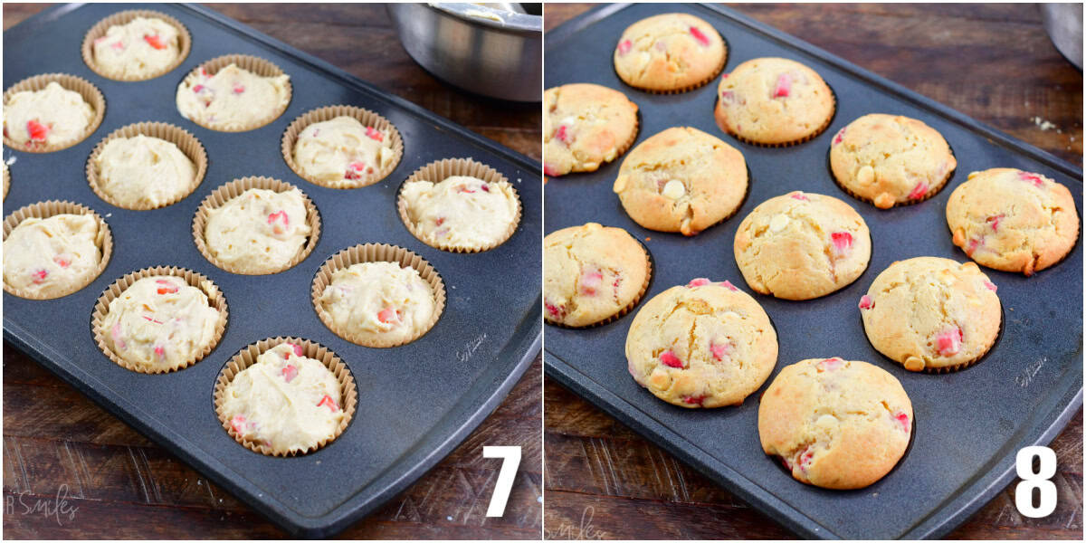 collage of two images of white chocolate strawberry muffins before and after baking.