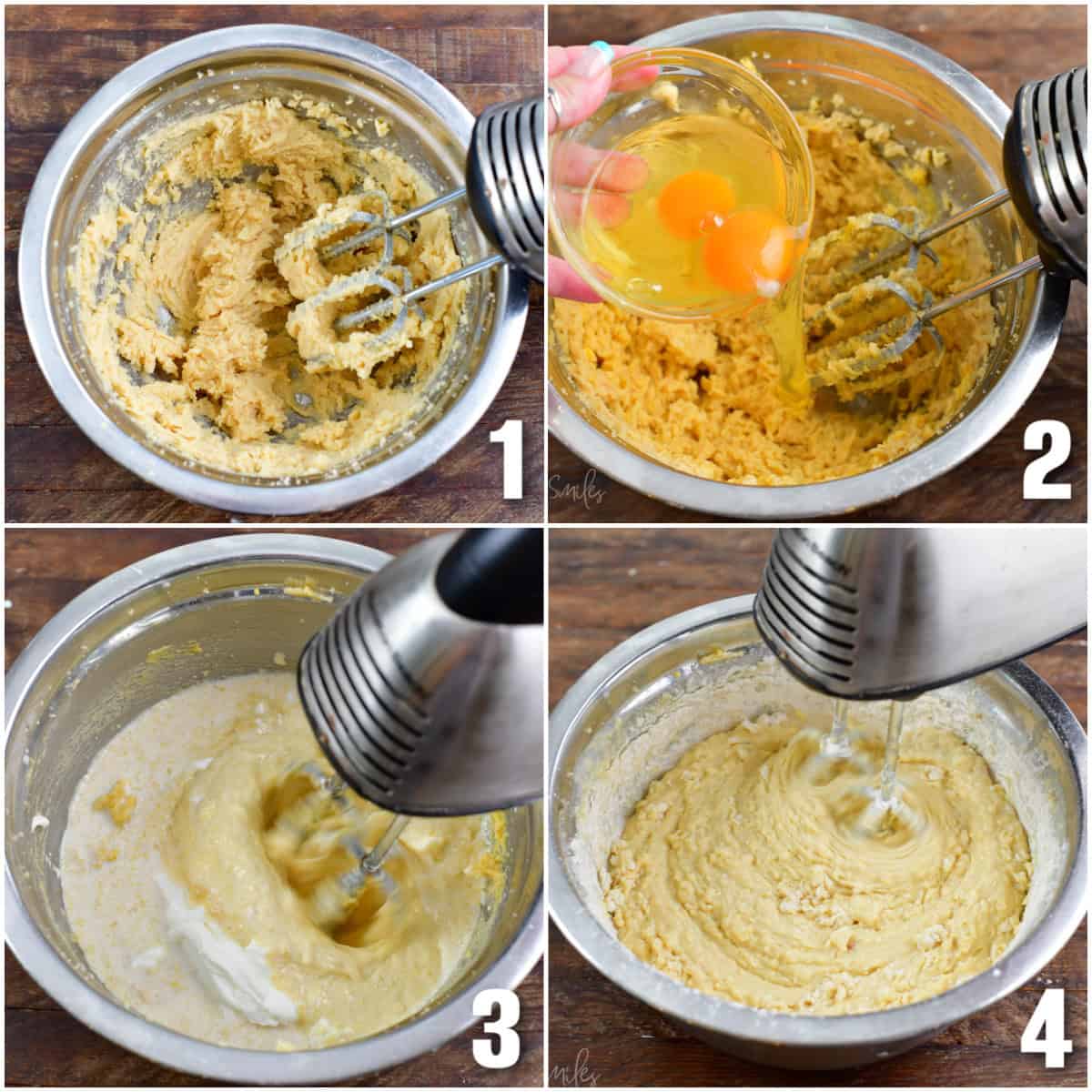 collage of four images of mixing batter for strawberry white chocolate chip muffins.