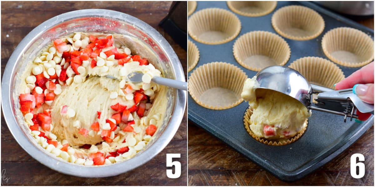 collage of two images of mixing in diced strawberries and white chocolate chips and adding batter to cupcake tin.