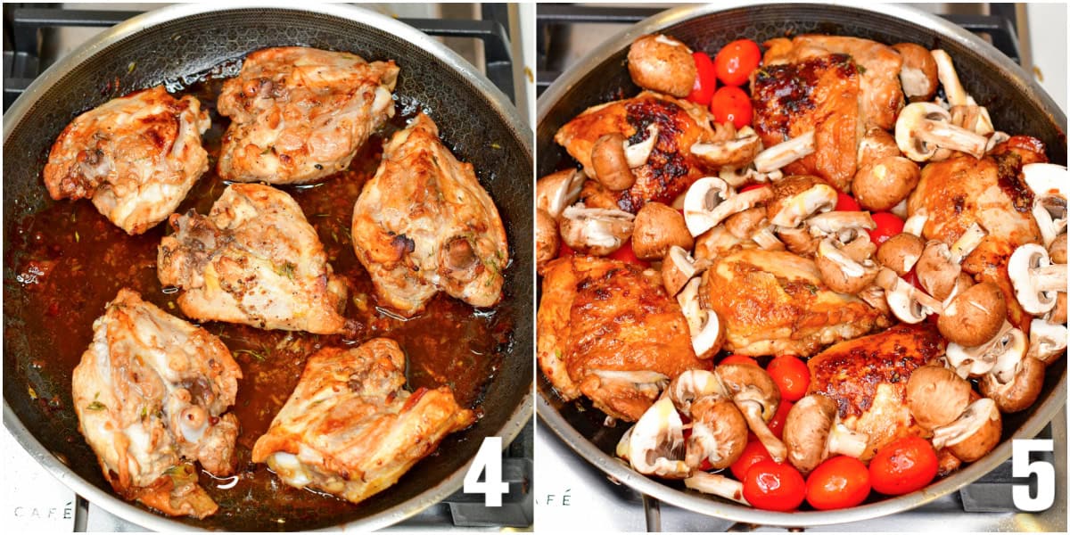 Collage of two images of balsamic baked chicken thighs being cooked in a pan and mushrooms and tomatoes in a pan.