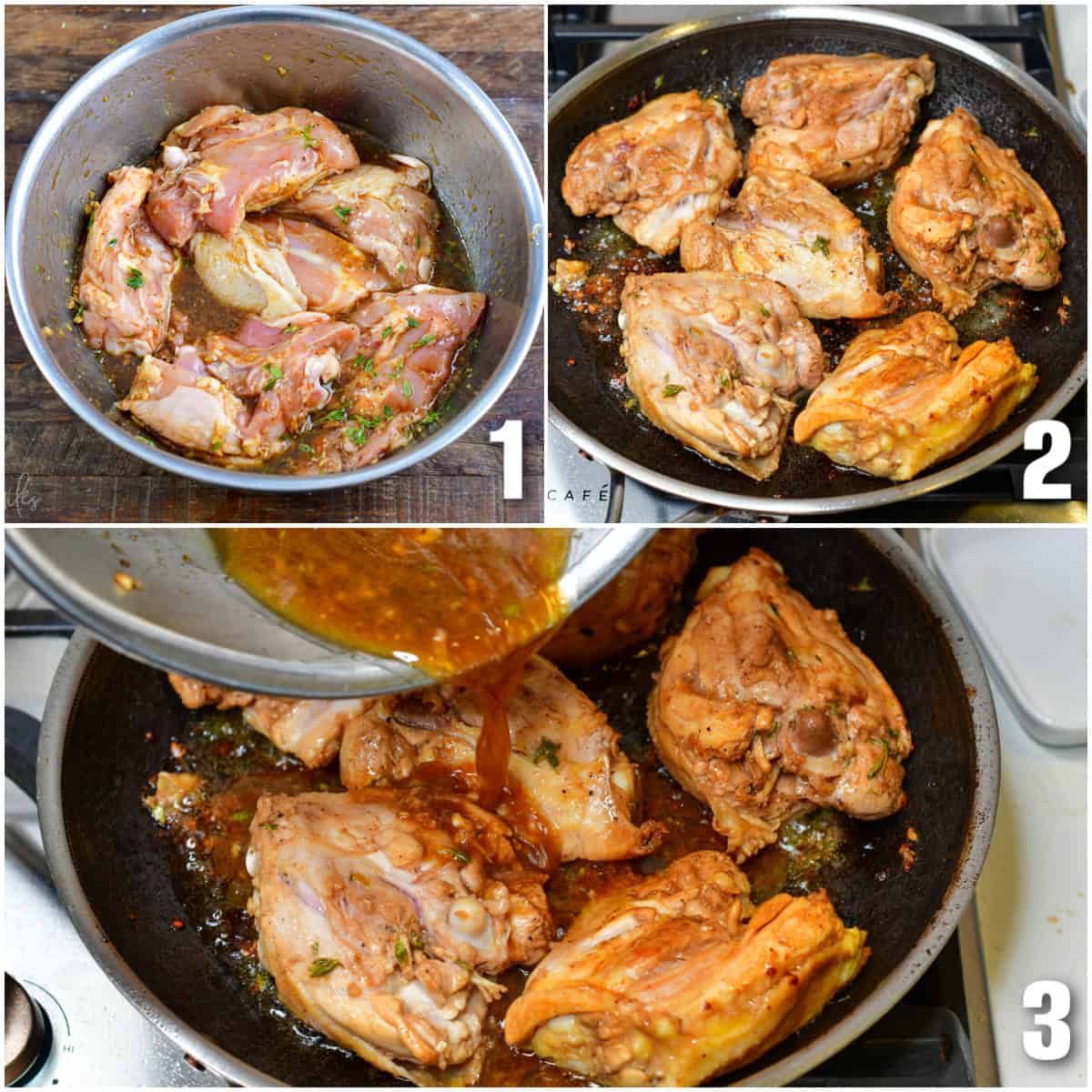 Collage of three images of marinating chicken thighs and cooking them in a pan with the rest of the marinade.