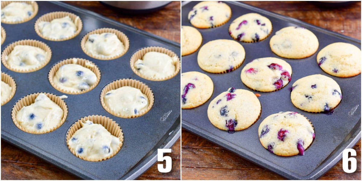 Collage of two images of blueberry muffins before and after cooking,