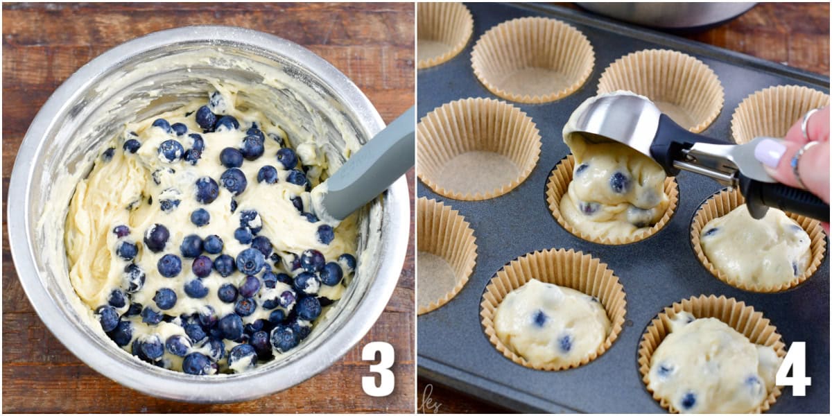 collage of two images of mixing blueberries into the bowl of batter and then scooping muffin mix into a muffin pan.