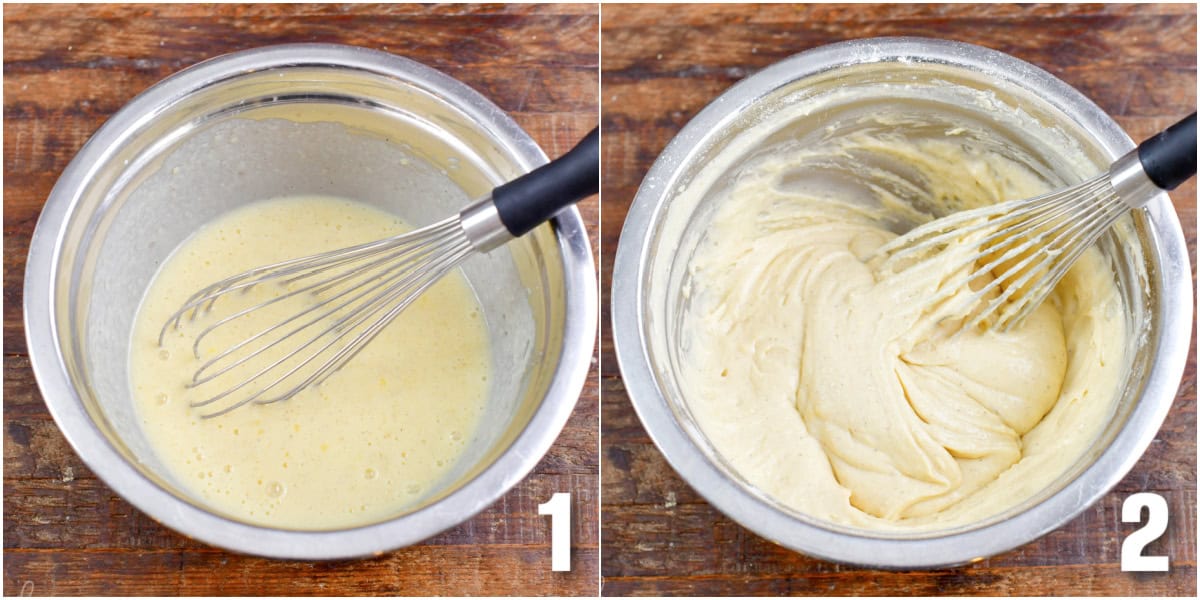 Collage of two images of mixing batter for the blueberry muffins.