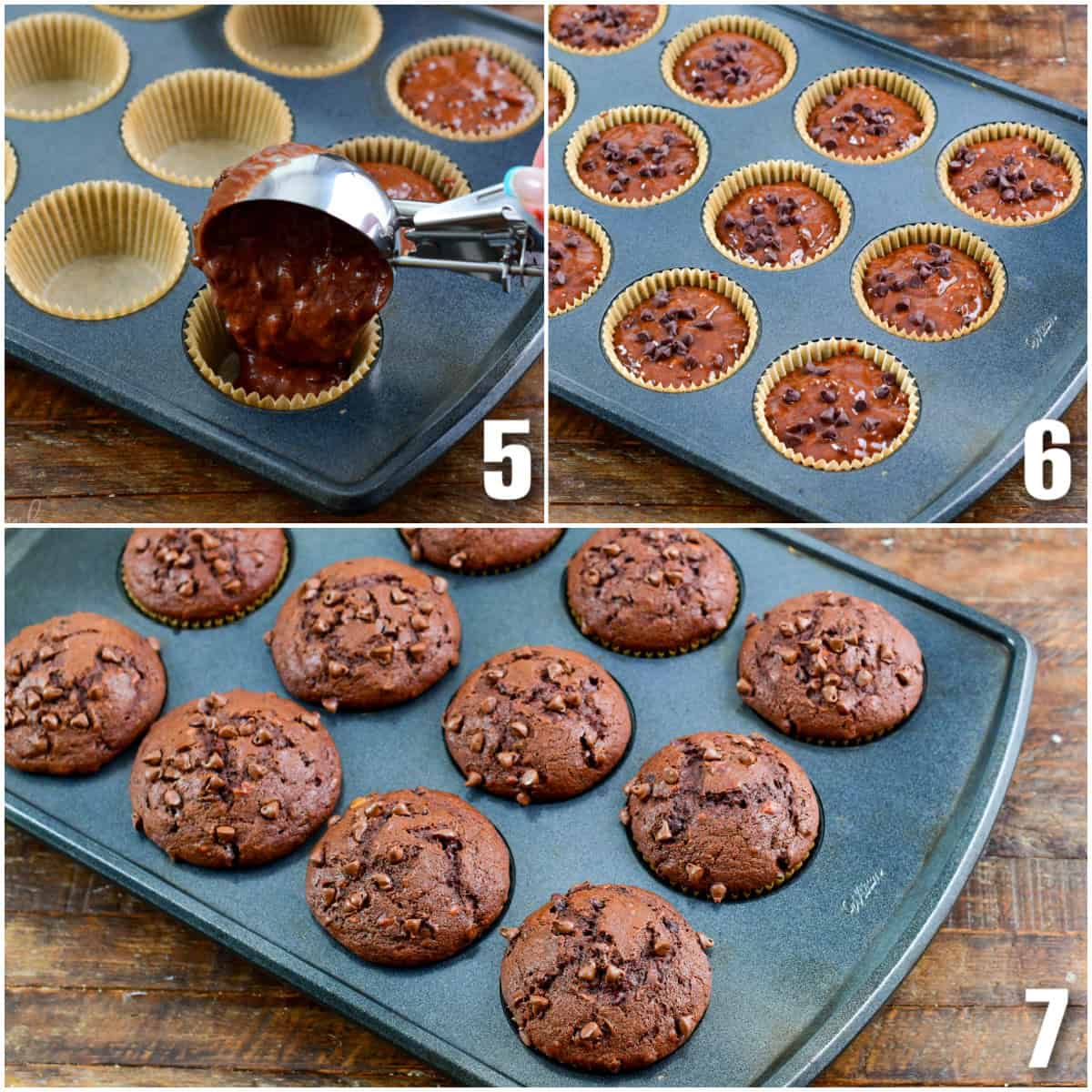 collage of three photos of scooping the muffin batter into the cups and before and after baking.