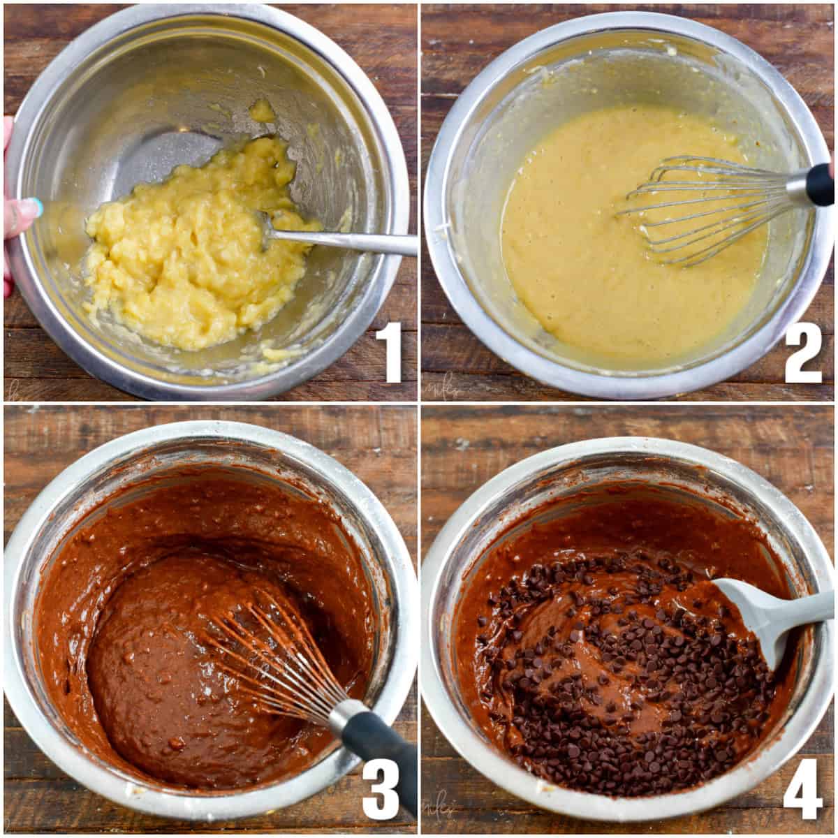 collage of four images of mashing bananas and mixing in liquids then dry ingredients into batter.