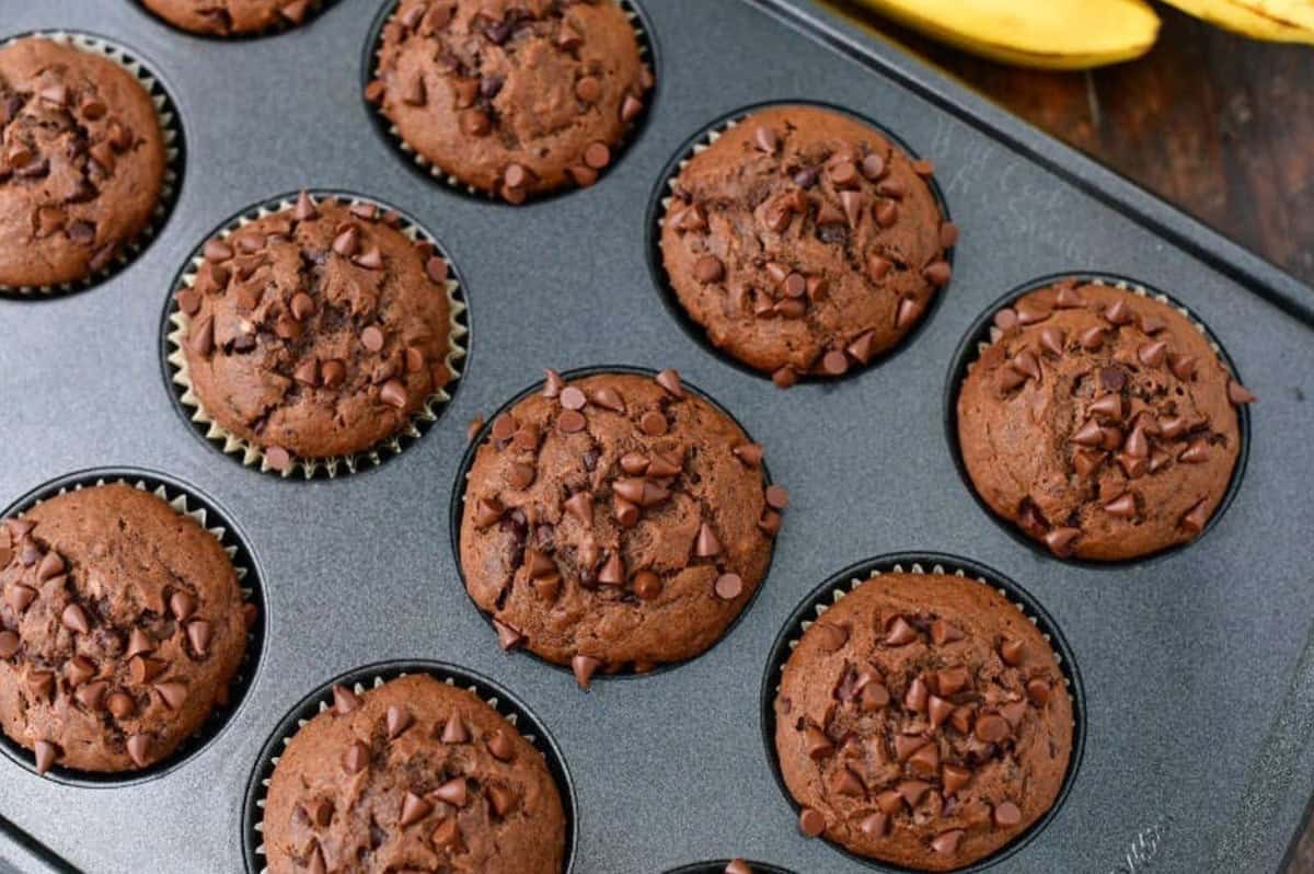 baked chocolate muffins in the muffin baking pan.
