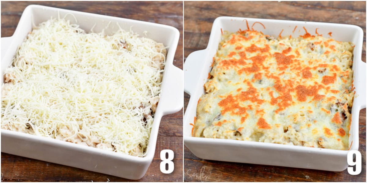 Collage of two images before and after baking creamy chicken mushroom rice casserole.