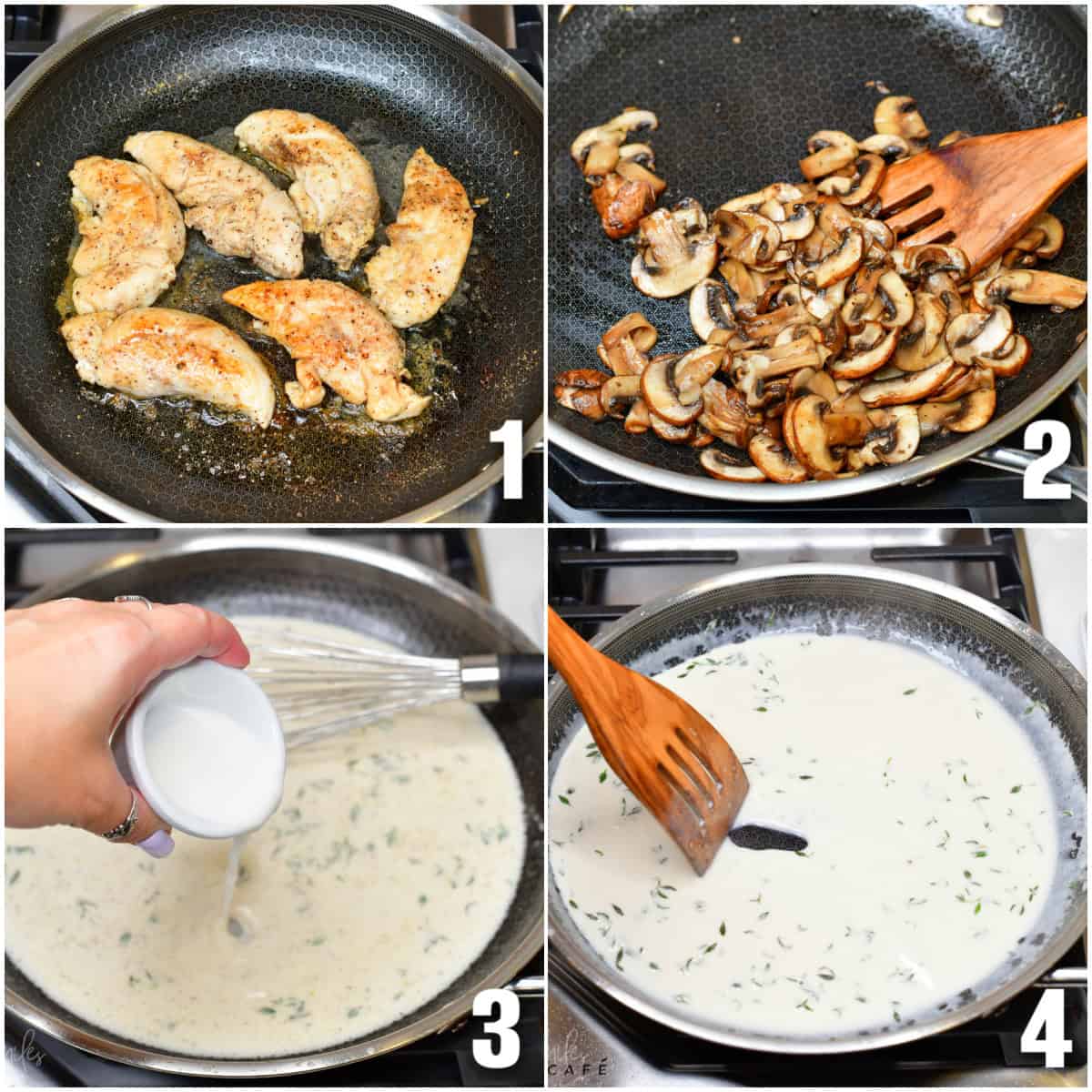 collage of four images of cooking chicken in a pan and then mushrooms and sauce.