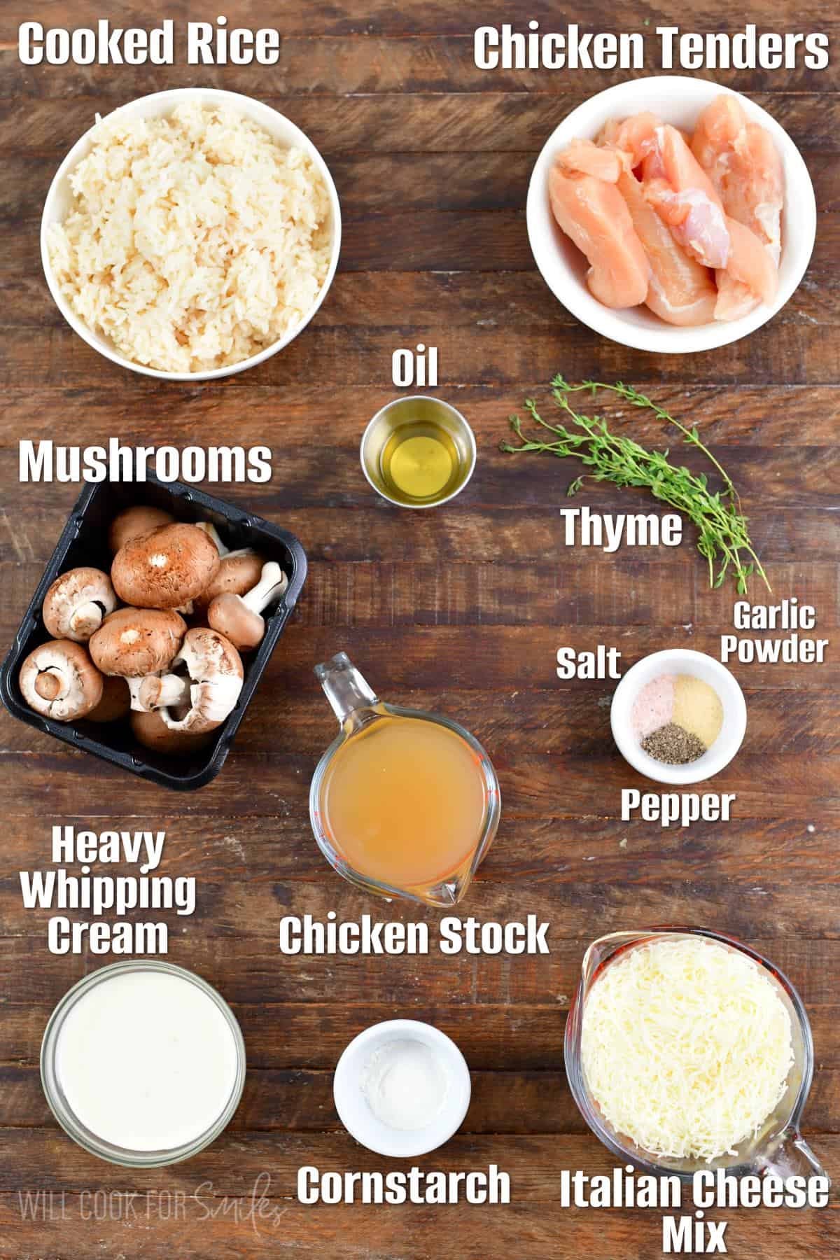labeled ingredients for chicken rice casserole on a wood surface.