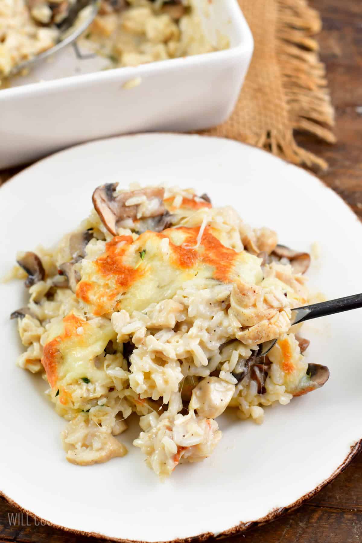 Creamy chicken rice casserole on a plate with a fork.